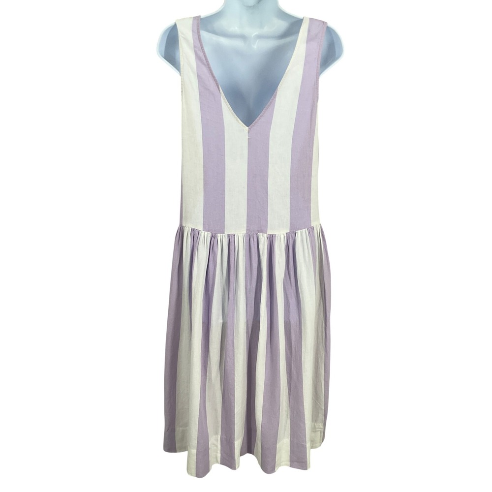 Urban Outfitters Midi Dress Womens M Purple Linen Blend Striped Button Front - Picture 2 of 10